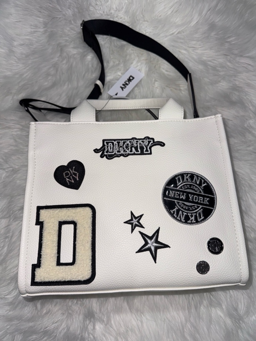 DKNY White Tote with Black Patch Accents